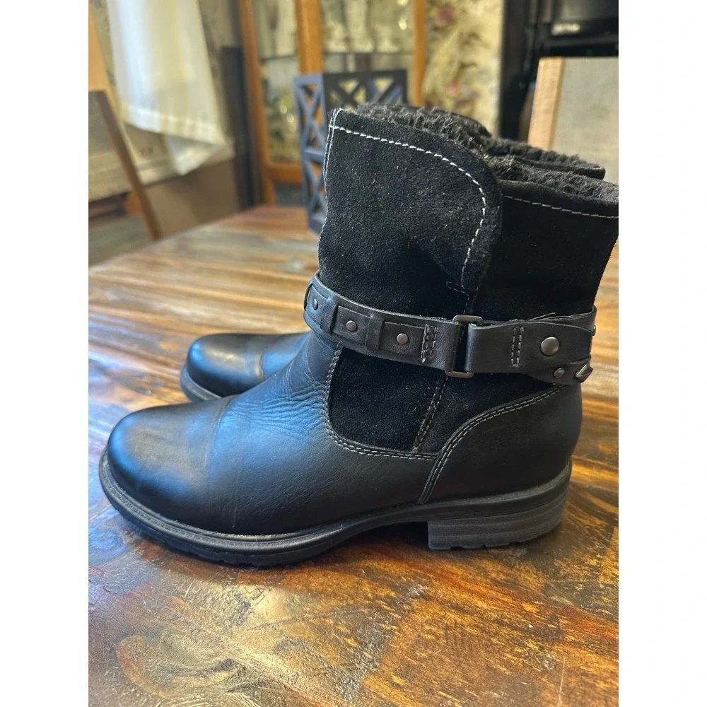 Earth Artistic‎ Onyx Black Leather Suede Studded Faux Fur Ankle Boots 8M